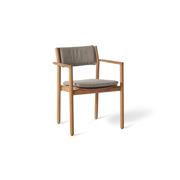 Aptos Dining Armchair by Terra Outdoor Living — crafted from premium plantation-grown teak with a compact European-inspired silhouette, featuring one seat cushion and one back cushion in weather-friendly olefin for softness and support; easily removable cushions add versatility, and the timeless design pairs seamlessly with any Terra dining table.
