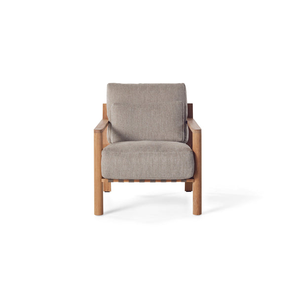 Aptos Lounge Chair by Terra Outdoor Living — crafted from premium plantation-grown teak, featuring a European-inspired compact silhouette and angled back for maximum comfort; includes one seat cushion, one back cushion, and one lumbar pillow in weather-friendly olefin, offering a perfect combination of softness and support, ideal for pairing with other Aptos seating components for a customized configuration.